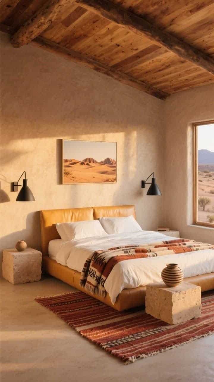 Wide room shot at golden hour: desert-modern cabin with sun-washed cedar ceiling, pale clay plaster walls, low clean-lined bed upholstered in butterscotch leather with crisp ecru sheets, rust-striped flatweave rug, sculptural black sconces, sandstone bedside cubes, southwestern-style throw folded at the foot, ceramic coil pot on cube, single desert landscape print; warm, sunbaked glow.