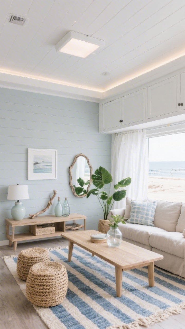 Wide room shot, Coastal Loft Calm: a breezy beach-cottage living area in a mobile home with a perfectly matte white ceiling and soft sea-salt gray walls; one accent wall clad in horizontal white shiplap; slim white flush-mount ceiling light and subtle LED cove lighting grazing the ceiling from upper cabinets; linen slipcovered sofa, light oak coffee table, woven seagrass stools; striped blue-and-cream rug; gauzy white curtains hung high and wide; low-profile art in thin white frames; driftwood mirror, pale ceramic lamps, glass hurricane vases; a few glossy-leaf plants; bright natural daylight, airy, photorealistic, shot from a corner angle to emphasize vertical lift.