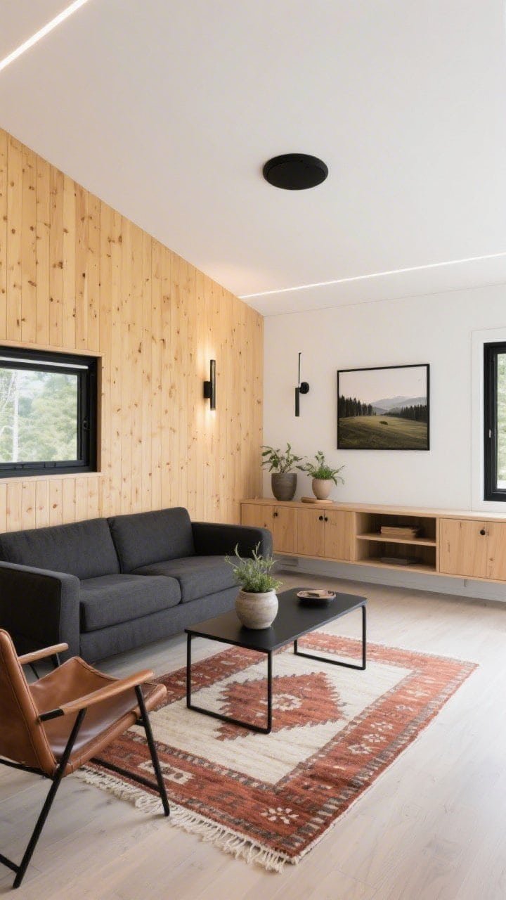 Wide room shot, Modern Cabin Clean: mobile home living space with ultra-matte white ceiling and a feature wall of pale honey-toned vertical wood slats that stretch the eye upward; thin black LED disc centered on ceiling; slender wall sconces washing light up and down; boxy charcoal sofa, thin-profile black metal coffee table, leather sling chair; flatwoven kilim rug in rust and cream; matte black frames, stoneware planters, one oversized landscape print; cabinets and shelving low and long to emphasize width; balanced warm-modern vibe, photorealistic, captured from a low corner angle.