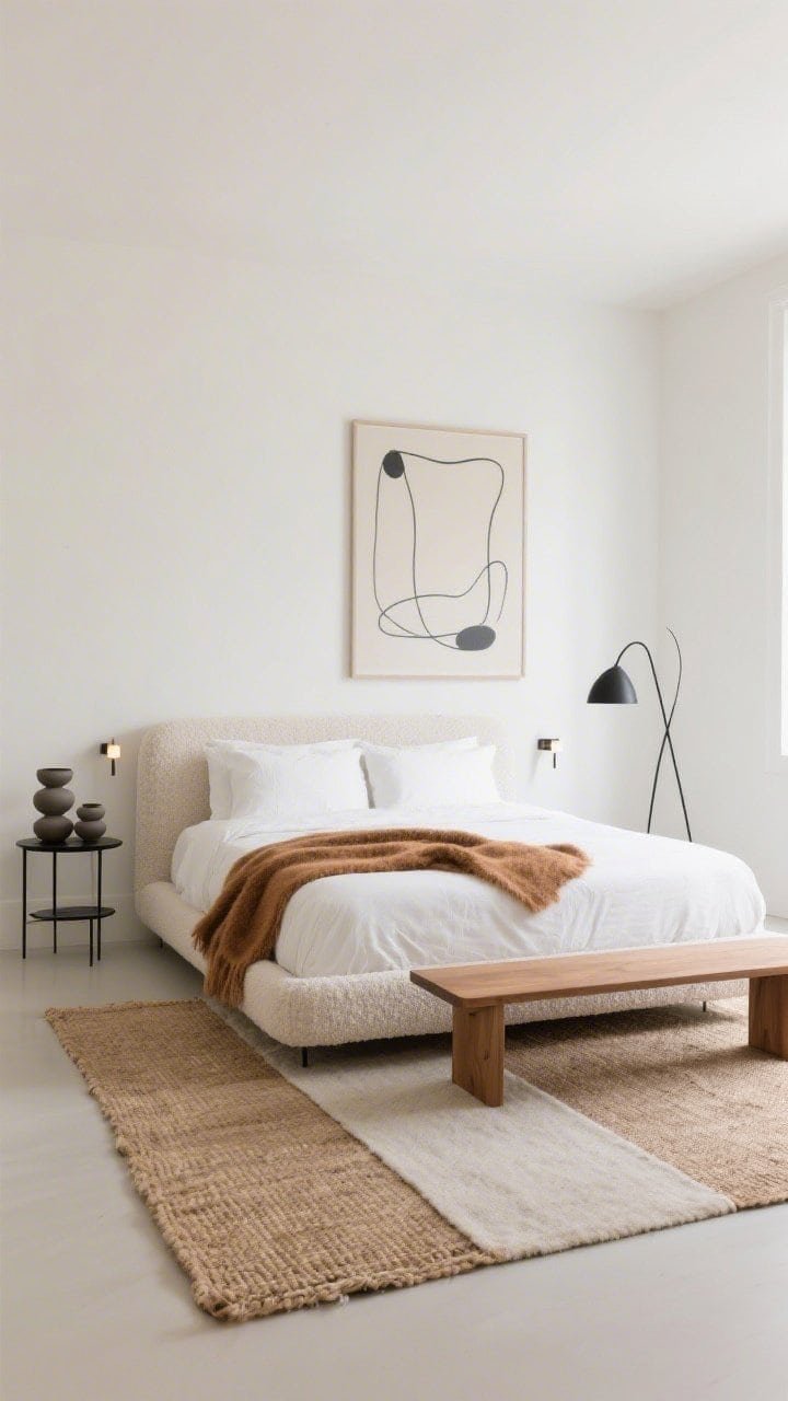 Wide room shot, Soft Gallery Serif: a serene minimalist bedroom with eggshell white walls, creamy white, oat, and caramel palette; an upholstered platform bed in nubby bouclé dressed in crisp white percale with a caramel mohair throw at the foot; a low oak bench at the end of the bed; slim black metal nightstand with a small stacked set of matte ceramic vessels; a single sculptural black floor lamp with a swooping silhouette as the statement piece; one oversized, off-center abstract artwork in soft charcoal lines; layered rugs: a jute rug with a thin wool runner on top; tiny, quiet bedside sconces; soft natural daylight, museum-like calm, negative space emphasized, photorealistic.