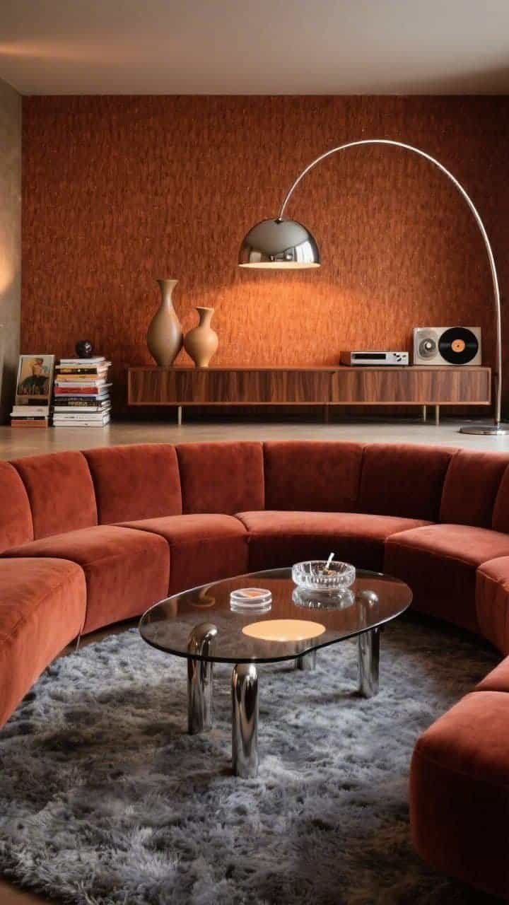 Wide room shot, straight-on view: A 1970s-inspired sunken conversation pit with a low, wraparound rust velvet sectional hugging a deep step-down lounge. Center a smoked glass coffee table with chunky chrome legs over a plush shag area rug in smoke gray. Burnt orange grasscloth walls and a long, low walnut veneer media console span the background. A sculptural chrome arc floor lamp sweeps overhead, casting soft reflections. Style with lucite coasters, an oversized ashtray-as-object, curved ceramic vases, a neat stack of vintage art books, and a discreet record setup in the corner. Palette: rust, tobacco, espresso, chrome, smoke gray. Photorealistic, evening ambient glow with warm lamp light.