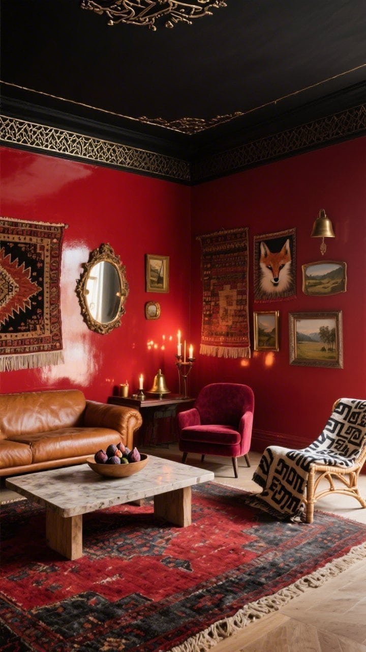 Wide salon view, Crimson Salon With Bohemian Edge: walls in high-gloss crimson lacquer reflecting candlelight; matte black ceiling with a delicate metallic stencil border; low Moroccan coffee table at center; mismatched seating—caramel leather settee, burgundy velvet slipper chair, rattan lounger draped in a block-print shawl; worn red kilim layered over a charcoal jute rug; gallery wall of tapestries, foxed mirrors, tiny framed landscapes; brass bells and a bowl of figs as accents; warm, bohemian, moody glow.