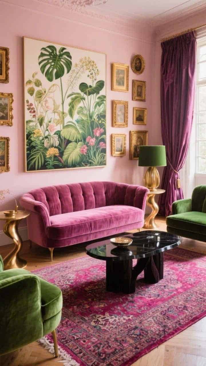 Wide shot — A rose velvet sofa as the focal point in a pale blush-walled salon, flanked by curvy brass side tables and a glossy black lacquer coffee table; oversized botanical art dominates the walls; add fern-green velvet armchairs, pleated plum silk curtains pooling on the floor, and a Persian rug with magenta threads; cascade of gold picture frames on the wall; warm afternoon light, photorealistic, high-drama maximalist style.