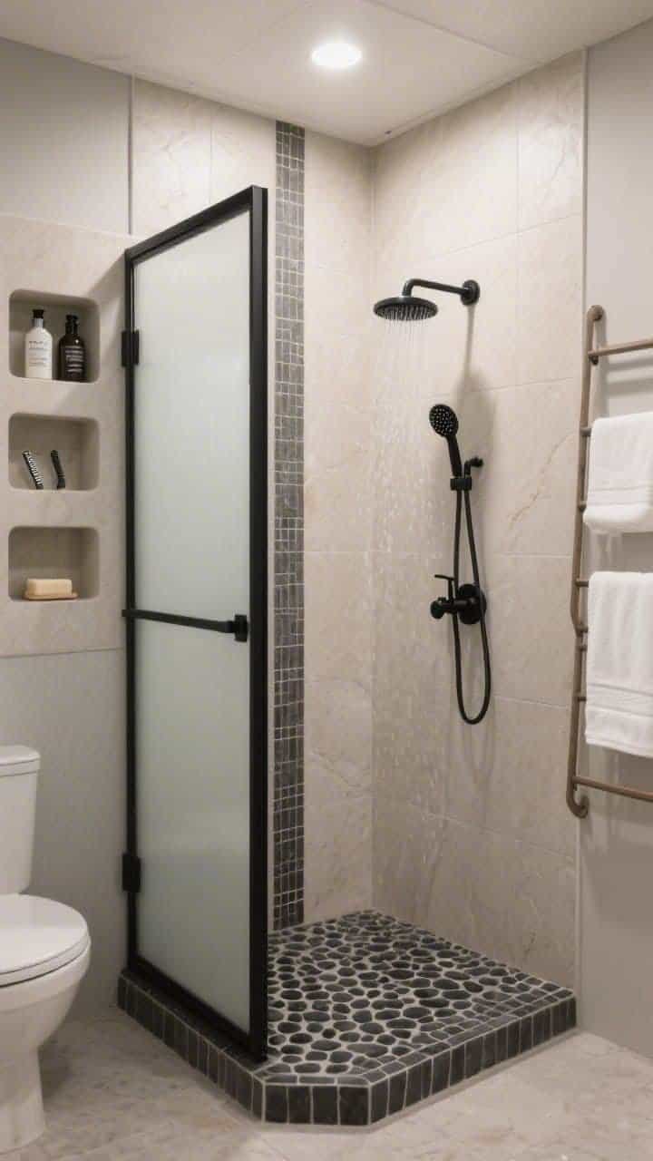 Wide shot, corner angle: A compact 36-inch neo-angle shower tucked into a mobile home bathroom corner, framed in matte black with a frosted glass door diffusing soft overhead light. Large-format porcelain wall panels in soft stone-look beige with minimal seams; a slim matte black rainfall head, matching valve, and a wand on a slider bar. Charcoal pebble mosaic floor for texture and traction. A double built-in niche stacked vertically—top shelf for bottles, bottom for bar soap and razors—with a skinny vertical hex tile strip behind the valve as a subtle accent. Beside the shower, a ladder-style towel rack with crisp white towels; overall minimal, quiet palette and clean lines, photorealistic.