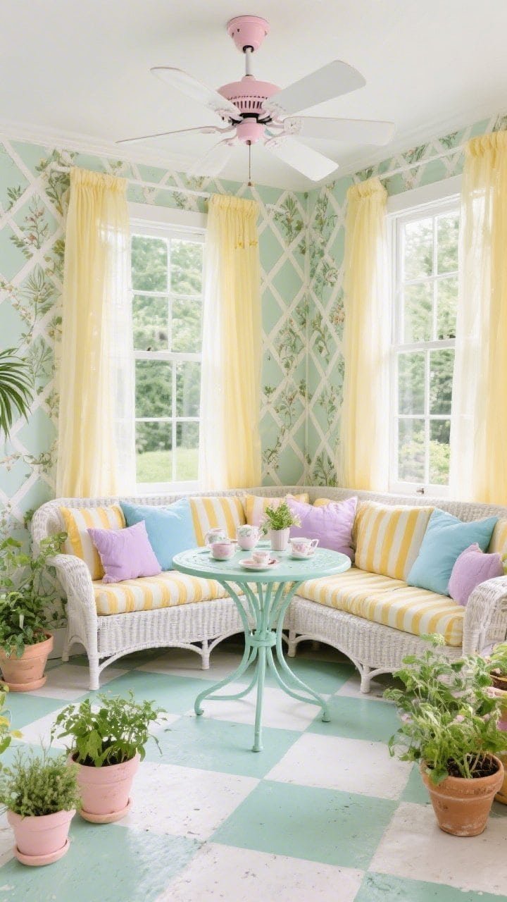 Wide shot, Garden-Party sunroom. Sage-and-cream trellis wallpaper wraps the room with open windows and abundant natural light. Whitewashed rattan seating topped with striped seat cushions in butter yellow and sky blue. Botanical pillows in blush and lilac scattered across. A mint-painted bistro table set for tea, surrounded by potted herbs in pastel planters. Floor finished in checkerboard painted concrete, pale green and ivory. Sheer lemon curtains fluttering, white palm-blade ceiling fan with soft pink motor housing overhead. Breezy, fresh mood, corner angle.