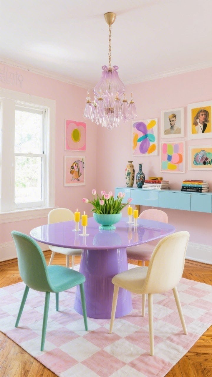 Wide shot, Gelato Gallery dining room. High-gloss lavender dining table with curved dining chairs alternating mint and buttercream around it. Overhead, a pastel Murano-style glass chandelier. Barely-there blush walls with a salon wall of candy-toned abstracts and quirky portraits. A floating powder-blue credenza displaying vintage vases and stacked art books. Natural wood flooring with a checkerboard pastel runner beneath the table. Table styled with lemon taper candles and a mint pedestal bowl filled with tulips. Bright daytime light, straight-on view.