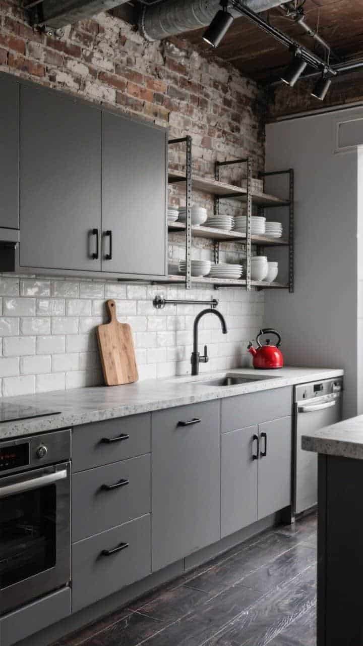Wide shot, Industrial Loft Lite: matte gray cabinets, black steel pulls, faux concrete countertop, exposed-look brick peel-and-stick backsplash, one wall of open metal shelving with neatly stacked white dishes for contrast, reclaimed-look wood cutting board leaning, track light with adjustable heads spotlighting work zones, a pop of color from a tomato red kettle; dark vinyl plank flooring for warehouse vibes, refined urban feel, photorealistic.