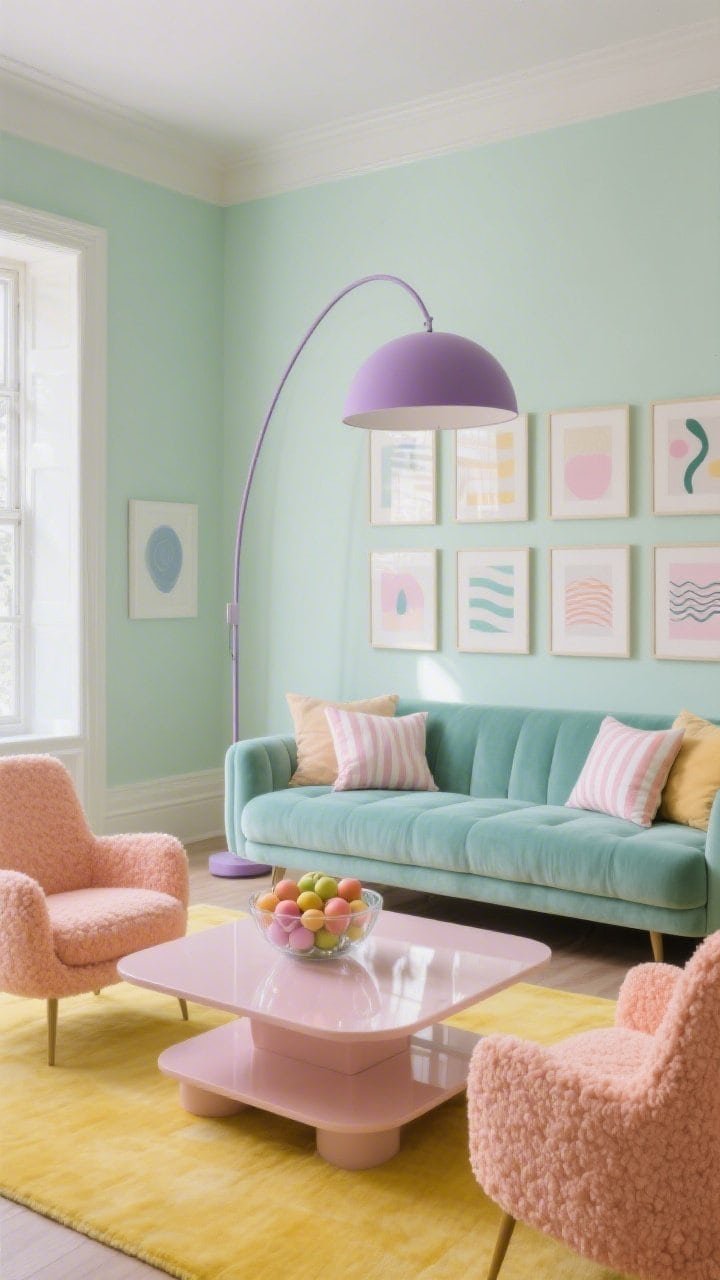 Wide shot, Sorbet Salon living room. A mint velvet low-profile sofa with a brushed-lilac arcing floor lamp overhead, flanked by two peachy boucle chairs on a buttery lemon rug that pools underfoot. Walls painted soft pistachio with a grid of graphic pastel prints. A lacquered blush coffee table reflecting light, styled with a bowl of mixed pastel glass fruit. Striped and wavy cushions in sherbet tones on the seating. Natural daylight, glossy finishes, photorealistic, straight-on angle.