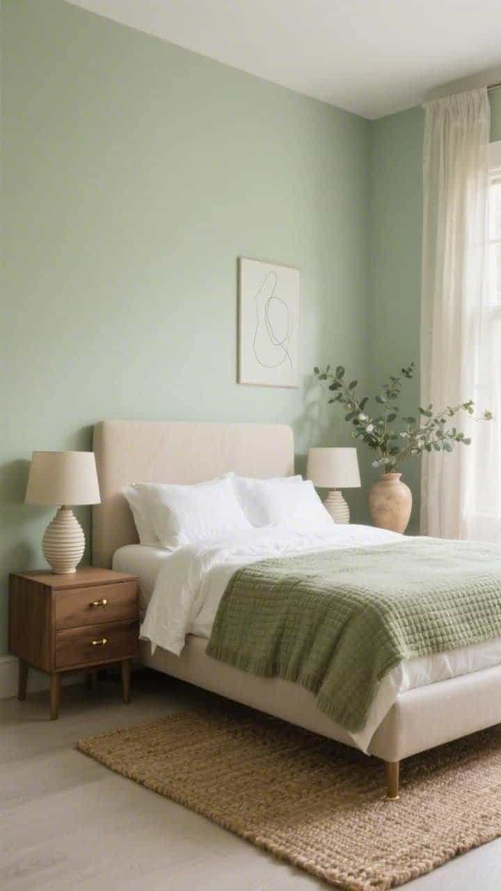 Wide, straight-on shot of a serene bedroom painted in soft, shifting sage green, afternoon light warming the walls; a low upholstered oatmeal-linen headboard is centered with crisp white sheets, a sage waffle blanket, and a buttercream quilt folded at the foot; matching matte oak nightstands hold fluted ceramic lamps with linen shades casting a soft ambient glow; a jute rug grounds the room and gauzy sheer curtains filter sunlight; accents include brushed brass pulls, a ceramic vase with eucalyptus, and a single abstract line drawing on the wall; photorealistic, spa-like calm, no people.