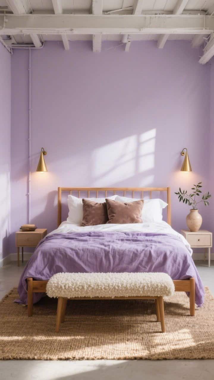 Wide, sunlit loft bedroom with lavender-washed walls, a simple honey oak bed frame, and rumpled stonewashed linen bedding in lilac and soft white; taupe velvet throw pillows, a cream boucle bench at the foot, and a large jute rug grounding the space; brass cone sconces casting a warm evening glow; a ceramic vase with olive branches on a minimal nightstand; photorealistic, straight-on view, airy and warm.